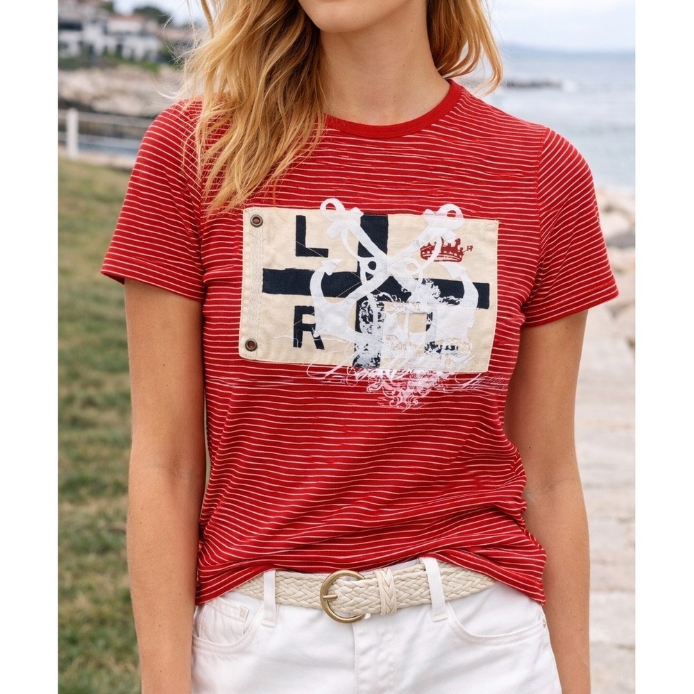 Lauren Ralph Lauren Petite Womens Small Red Stripe Nautical Tee Coastal Preppy